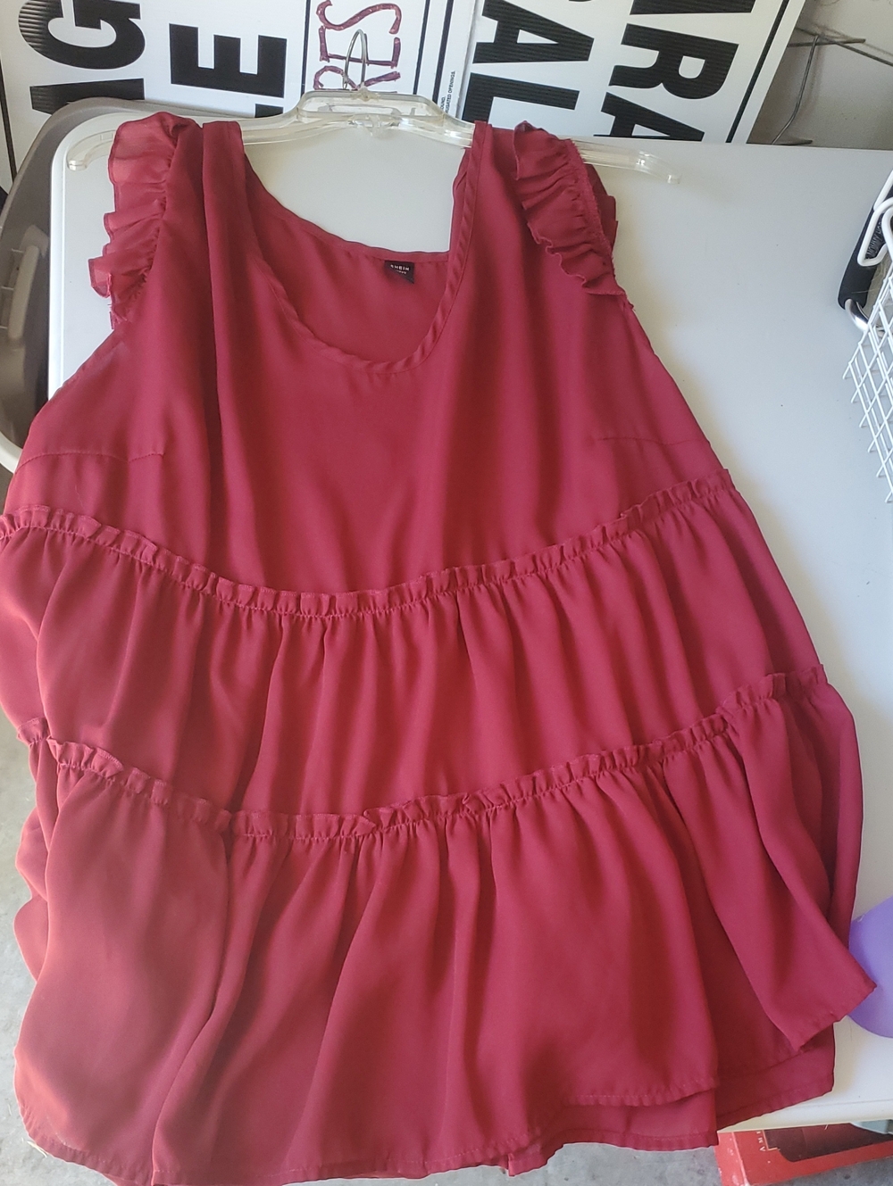 SHEIN Wine Red Ruffled Sleeveless Tiered Tunic